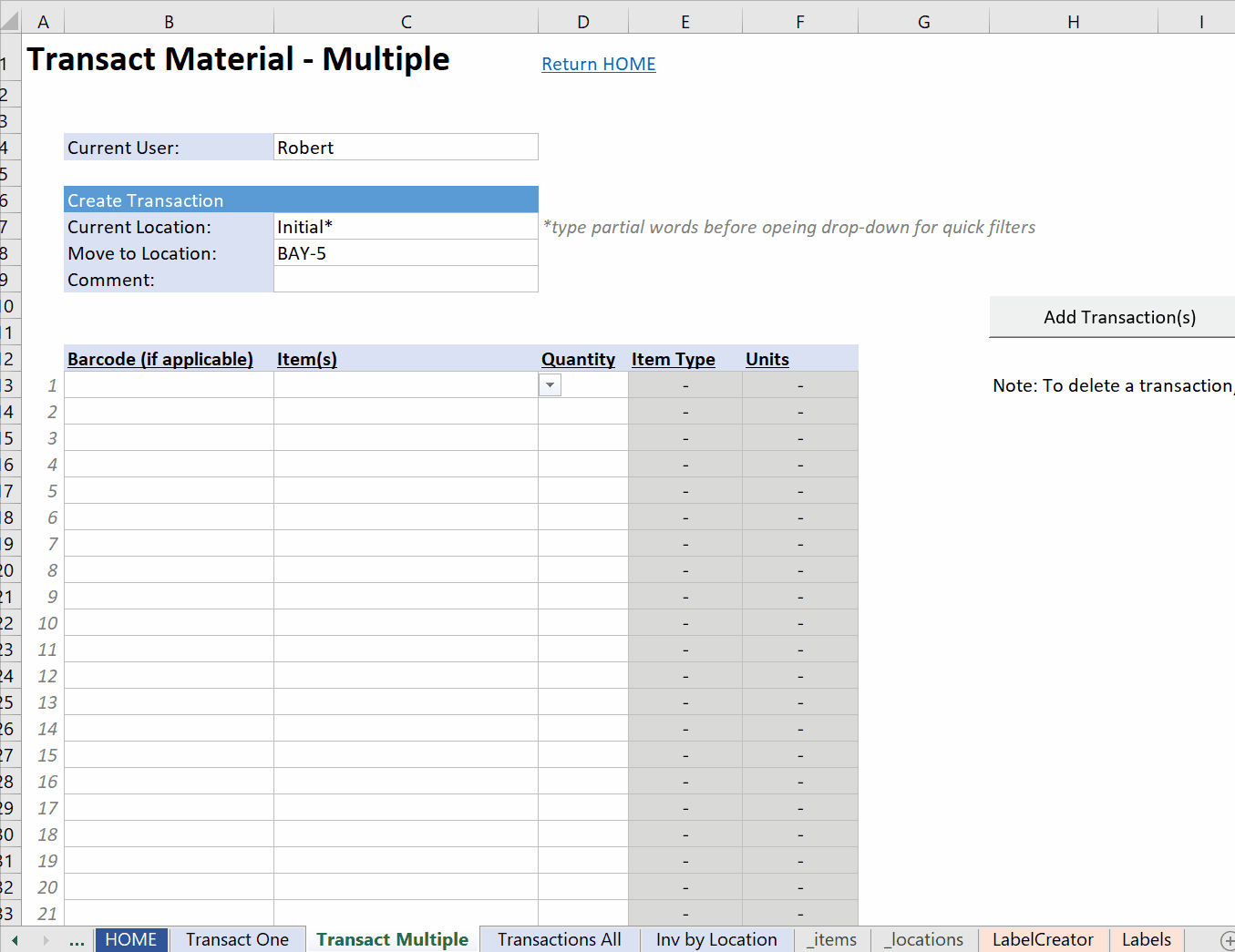 Inventory Management App Item Selection and Transaction